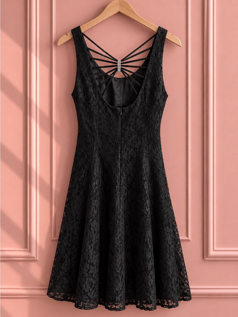 Vintage Black Lace Dress Strappy Back Midi Dress Size S/M